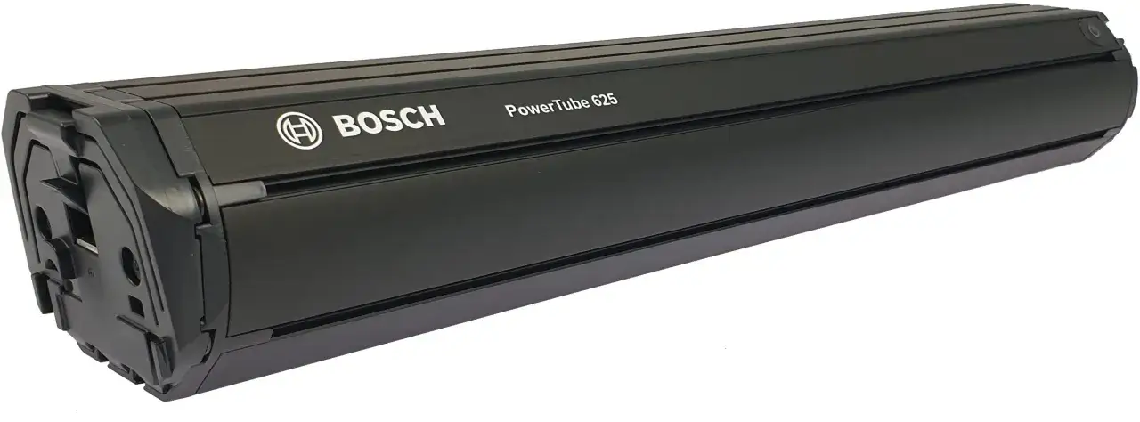 Schwarzer Bosch PowerTube 625 Akku für E-Bikes. Das Gewicht ist für die Leistung optimiert.