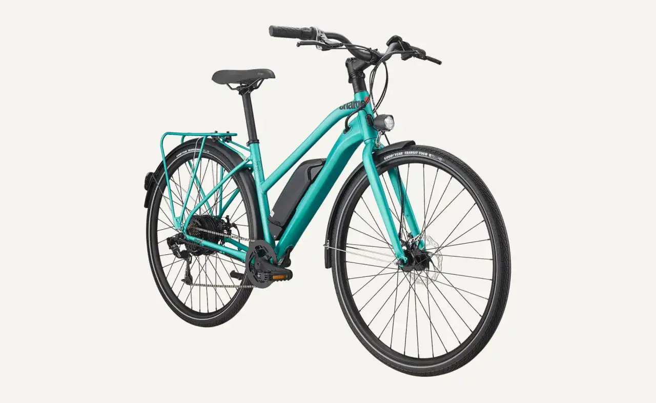 Türkisblaues E-Bike mit Gepäckträger und Akku, bereit für den desiknio x20 pinion test.