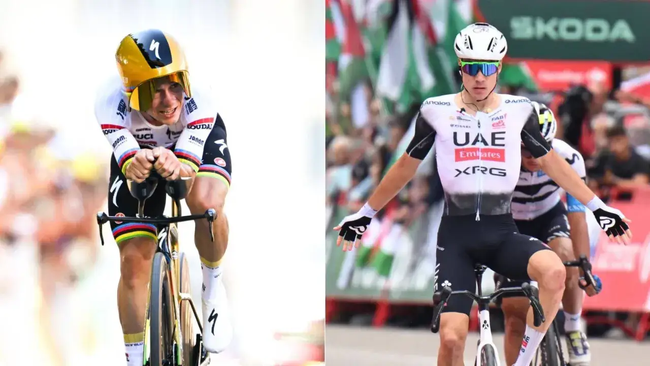 Zwei Radprofis in voller Fahrt, bereit für anspruchsvolle Cycling Transfers. Der eine im Zeitfahr-Outfit, der andere im Team-Trikot.