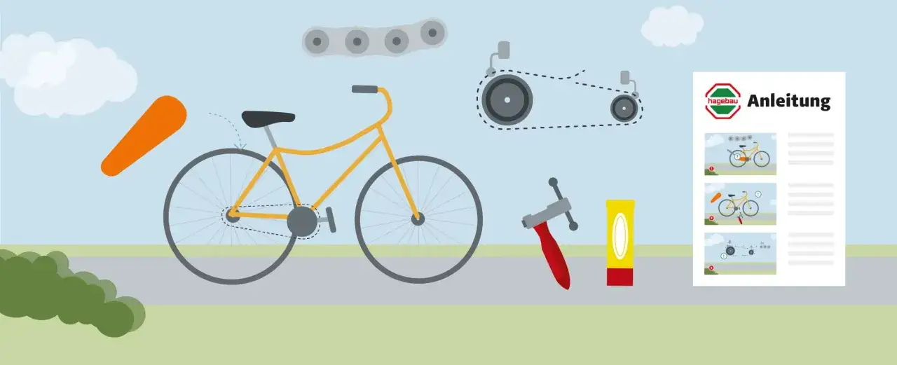 Illustration zeigt, wie man die Fahrradkette wechseln kann. Werkzeuge und Anleitung sind abgebildet.