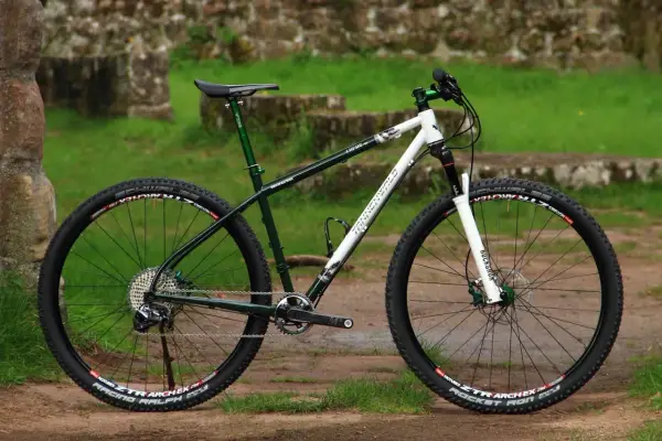 Ein robustes Mountainbike von Tannenwald, bereit für Trails. Perfekt für Abenteuer im Wald.